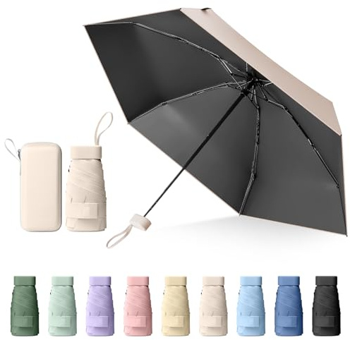 Sykrawki Mini-Regenschirm mit UV-Schutz & Kapselhülle – Winddichter Taschenschirm für Reisen, Männer & Frauen, Kompakt & Tragbar (Beige)