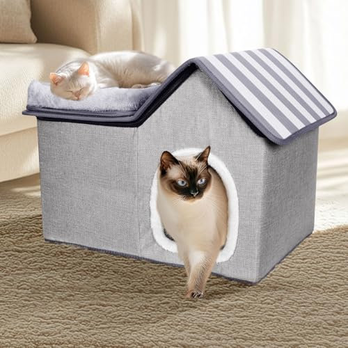 Myiosus Cat House, Cat Beds for Indoor Cats, 2 in 1 Foldable Cat Cave Bed with Removable Washable Cushion, Pet Hideaway Warm Comfortable for Small Cats, Dogs, Rabbits - 51x39x41cm, Grey