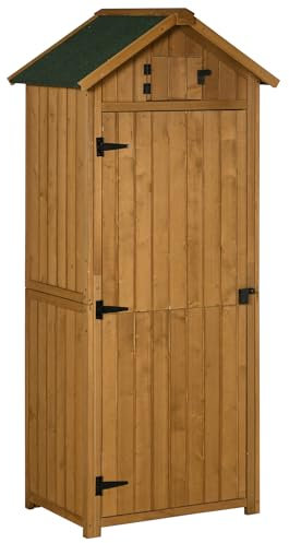 Outsunny Armario de Jardín de Madera de Abeto 77x54,2x179 cm 0,3 m² Cobertizo de Jardín para Herramientas con 3 Estantes y 2 Puertas con Cerrojo para Terraza Patio Natural y Verde