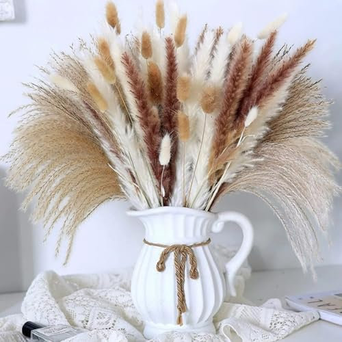 Fzyisw Reed Pampasgras Deko 60 Stück Trockenblumenstrauß mit Bunny-Tails-Trockenblumen, DIY Boho-Partydekorationen Dekor für Hochzeiten, Wohnkultur, Rustikale Partys und Vasen Deko