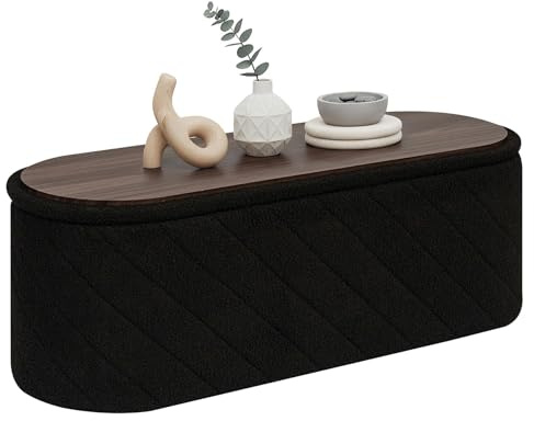 PINPLUS Panca Contenitore con Coperchio Imbottito, Ovale e Pieghevole, in Tessuto Boucle, come Poggiapiedi per Soggiorno e Camera, 110x38x38 cm, Nero
