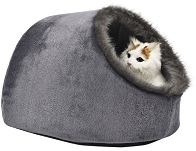 VERTAST Cat Small Dog Cosy Igloo Bed Nest Warm Soft Calming Nest Fluffy Kitten Puppy Cuddly House Hideout Cave with Cushion, Grey