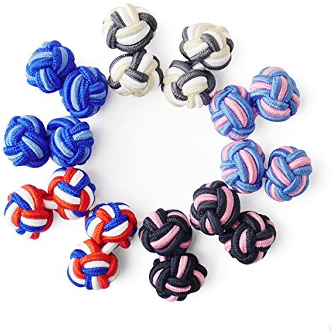 HONEY BEAR 5 Pairs Mens/Women Silk Fabric Knot Twisted Cufflinks Set, for Shirt/Dress Business Wedding,Round Shape (Mix Blue Red Pink White Black without box)