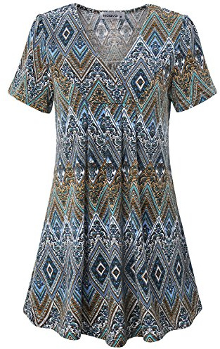 MOQIVGI Bohemian Shirt, Ladies Short Sleeve Vneck Geometric Pattern Jersey Top Western Semi-Formal Work Tunic Comfort Camper Hiking Blouse Tribal Clothing for Women Multicoloured Blue Large