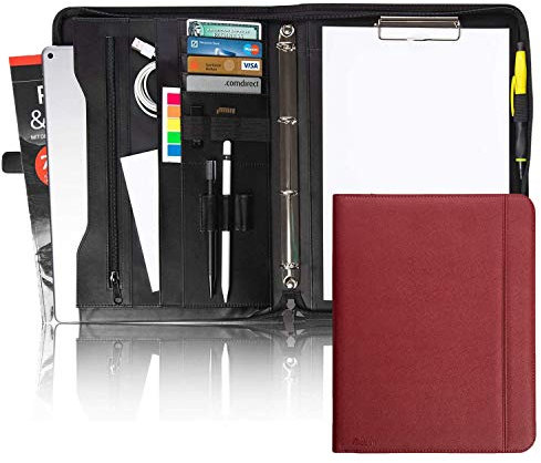 Vebon® Schreibmappe Ringbuch A4 Berlin I Reißverschluss + Klemmbrett I Konferenzmappe + Laptoptasche I extra Stauraum I Rot I Kunstleder