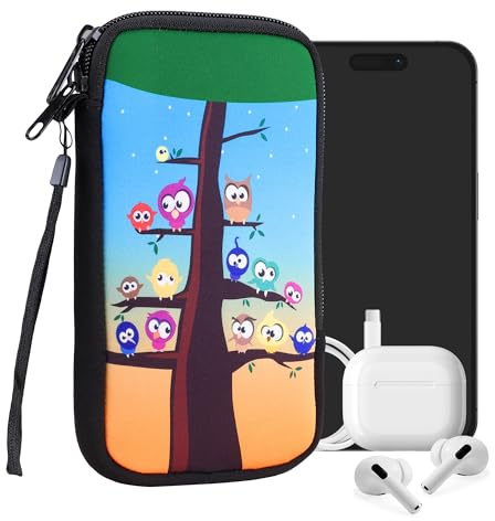 kwmobile Neoprenfodral för smartphone-storlek XL – 6,7/6,7 tum – stötdämpande fodral – skyddande telefonväska – ugglor träd flerfärgad/blå/brun