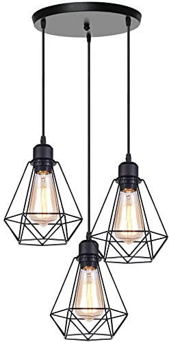 iDEGU 3-flammig Industrielle Pendelleuchten, Vintage Hängelampe Schwarze Pendellampe aus Metall E27 Retro Hängeleuchte im Geometrisch Käfig Stil- Ø 20.5cm (3-flammig Rondell)