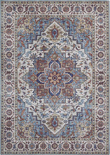 -LUXOR- living Teppich Wohnzimmer Bonum im Vintage Design - Wohnzimmerteppich Teppich Kurzflor Digitaldruck in zeitlosem Design Blau 120 x 170 cm