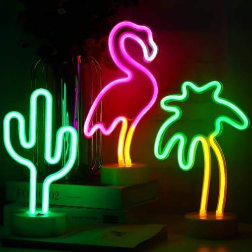 Liliful 3 Pcs Neon Signs Pink Flamingo Cactus Palm Tree Neon Lights Sign Battery/USB Powered Lights with Pedestal for Adults Bedroom Decor Hawaiian Party Birthday Gifts