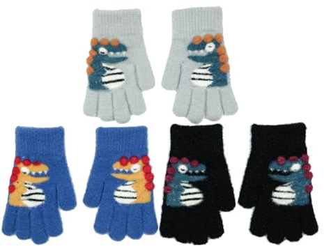 QKURT 3 par handskar för barn 3-8 år, varma mitten fulla fingerhandskar söta tecknade dinosaurie handskar pojkar flickor, Svart + Grå + Blå, 15cm(5.9inch)