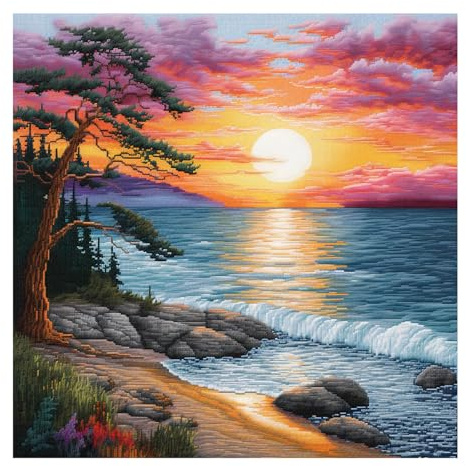 cukol cukol Kit Punto Croce Paesaggi sul Mare, Schemi Quadri Set Ricamo Punto Croce Kit da Ricamare Principianti Starter Prestampato Stampato Completo Bambini Cross Stitch Embroidery Ricami 40x40 cm