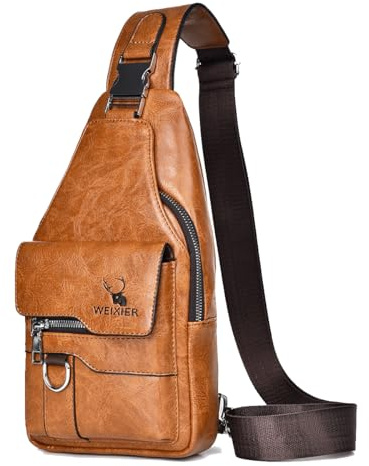 A-QMZL Bolso Hombro de Pecho de Piel Bandolera Cuero Bolsos Bandolera Casual Sling Bag Mochila Hombro Bolsas Impermeable Crossbody de Viaje Trabajo (Marrón claro)