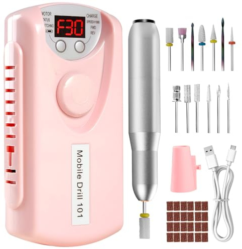 Droyek Electric Nail Drill Portable Nail Drill Professional 30000 RPM 13 Salon Quality Drill bits 50 Sanding Bands Portable & Low Noise for Acrylic Nails Gel Polishing Removing Bits Kit for Home Use