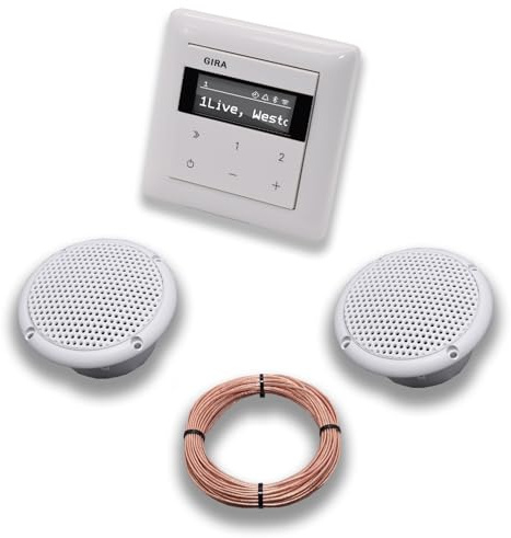 Gira 232003 - Radio Internet IP da incasso + sistema Bluetooth completo 55, bianco puro lucido + 2 altoparlanti da soffitto (ambienti umidi/bagno) + cavo altoparlante da 20 metri, 2 x 0,75 mm