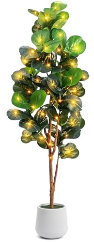 6ft Artificial Fiddle Leaf Fig Tree with LED Fairy Lights & White Planter - Lifelike Faux Ficus Lyrata Plant in Pot with Natural Trunk for Home Office Living Room Bathroom Corner Decor Indoor Outdoor