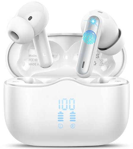 Cuffie Bluetooth, Auricolari Bluetooth 5.4 Stereo HiFi Immersivo, 40 Ore Cuffie Wireless in ear con 4 ENC Noise Cancelling Mic, Cuffiette Bluetooth IP7 Impermeabili, Touch Control, LED, USB-C, Bianco