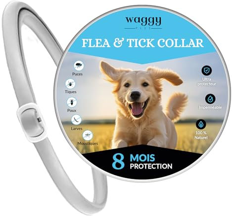 WAGGY PLUS Anti-Parasiten-Halsband für große, mittlere und kleine Hunde. Wirksamer Schutz für Ihr Haustier gegen Flöhe, Zecken, Larven, Läuse und Mücken. 100% natürlich.