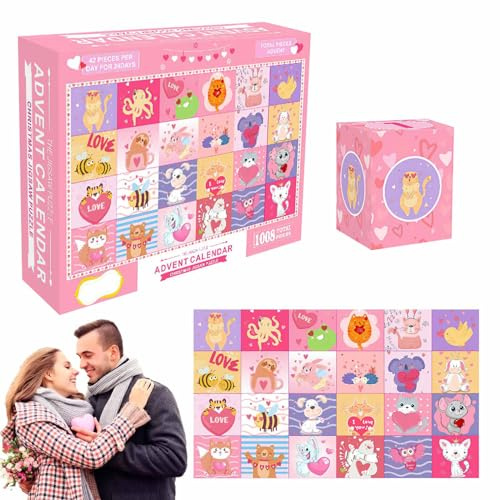 Puzzle San Valentino calendario, 24 scatole 1008 pz conto alla rovescia calendario animale puzzle 2025, animale puzzle carino gatto cane fidanzata donna decorazione della parete (rosa)
