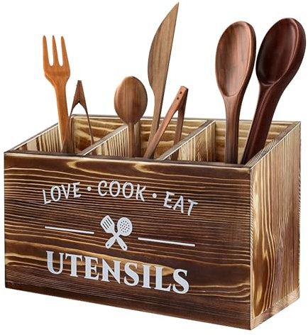 Lnopever Organizer Da Cucina,3 Scomparti Per Utensili Da Cucina In Legno,Portautensili Da Cucina In Legno,Organizer Per Utensili Da Lavoro, in legno rustico (Marrone)