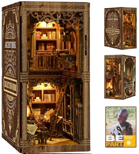 Villageboom Book Nook byggsats med LED-lampor – gör-det-själv miniatyr – bibliotek gamla böcker – 3D-träbyggsats för bokhylla dekoration – presentidé för vuxna och tonåringar (bibliotek gamla böcker)