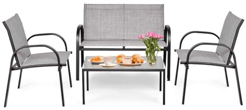 RELAX4LIFE Tavolo e Sedie da Esterno, Tavolino Salotto con Piano in Vetro, Telaio in Metallo, Panchina per Giardino in Tessuto Impermeabile e Anti-UV, Traspirante, Set di 4 Mobili per Esterno (Grigio)