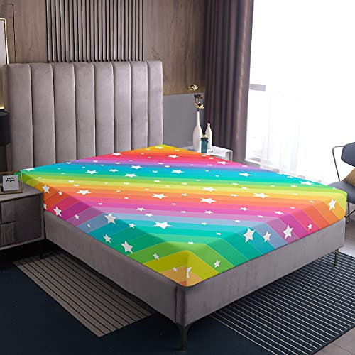 Kinder Mädchen 90x200cm Spannbetttuch Regenbogen Sterne Drucken Spannbettlaken Bunt Kleinkind Frauen Farbstreifen Dekorativ Bettlaken Super weich Atmungsaktiv Mikrofaser Boxspringbett Bettlaken