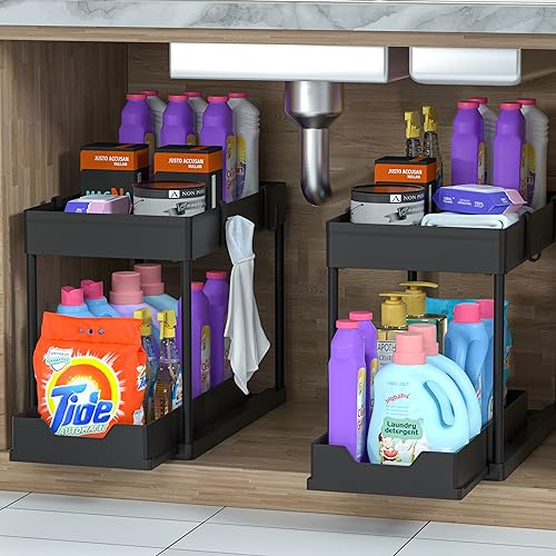 MEAFBIRD 2 Pack Under Sink Organizer, 2 Tier Bathroom Cabinet Organizer with Sliding Basket, Multi-Purpose Under Sink Organizers and Storage for Bathroom Kitchen (Black 2 Pack)