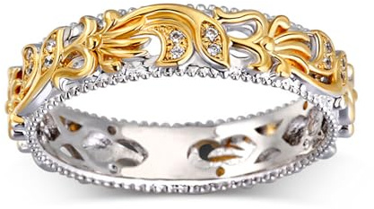 Jeulia Argent Sterling Bague pour Homme Femme Deux Tons Sculpté de Fleurs et Feuilles Unique Bague de Fiançailles Zirconia Cubique Couple Alliance Elle mariée Engagement Bijoux Cadeau