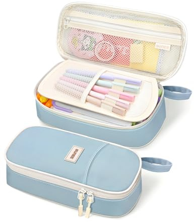 SUNEE Large Capacity Pencil Case with Compartments and Handle, Aesthetic Pen Pouch Organizer, Big Storage Portable Pencil Bag for Girls, Boys, Adults, School and Office Stationery Supplies, Blue