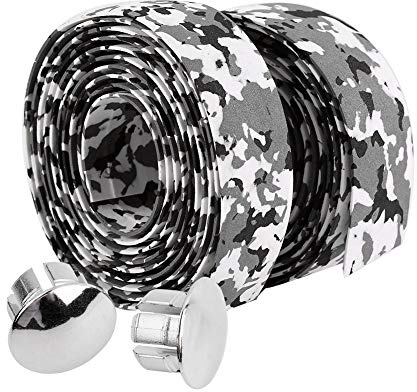 KIMISS Cinta de Manillar de Camuflaje para Bicicleta de Carretera, Envoltura de Espuma de Goma, 2 uds., Cinta Adhesiva para Manillar de Bicicleta de Carretera, 2 Tapones de Barra (Blanco+Negro)