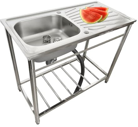 Lavandino in acciaio inox, 1 scomparto piccolo lavello autoportante con rubinetto caldo e freddo e rack di stoccaggio, piattaforma destra, lavelli commerciali a vasca singola per garage, ristorante,