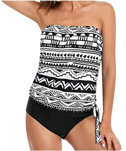 Maillot de bain bandeau pour femme avec soldes au Royaume-Uni - Tankini deux pièces sans bretelles - Effet gainant - Imprimé vintage - Débardeur et short de bain taille haute, blanc, S