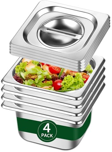 BAKPOCO Hotel Pan With Lid 1/6 Size - 4 Deep 4 Packs Stainless Steel Food Pan for Steam Table, Commercial Restaurant, Anti Jam, Buffet