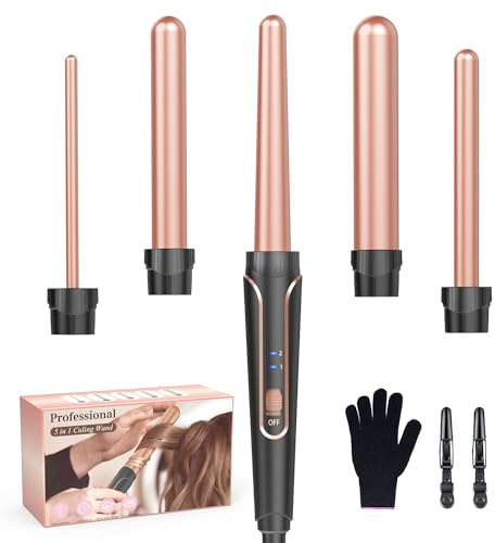 Lockenstab Große und Kleine Locken Set - 5 in 1 Mit Verschiedenen Aufsätzen Antistatische Keramik Turmalin Beschichtung Welleneisen für Beach Waves