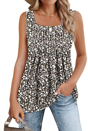 Zeagoo Camiseta Sin Mangas para Mujer Verano Chaleco Top Cuello Cuadrado Elegante Camisa Blusa Básica Camisole Shirt Casual Tank Tops Túnica Cami Floral Negro M