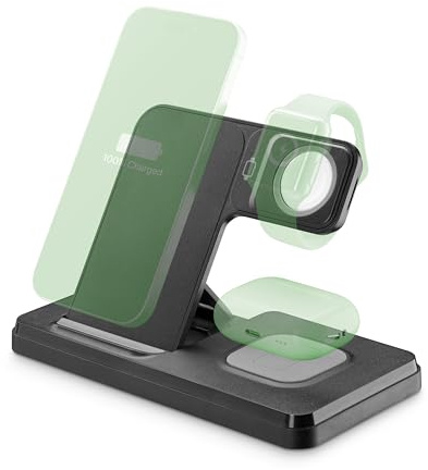 Teknoll - Wireless Charging Station - 15W per wireless smartphone - 5W per bluetooth audio - Slot cavo originale Apple Watch - Cavo USB-A to USB-C incluso - Ricarica simultanea - Nero