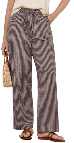 GRAPENT Striped Wide Leg Pants Womens Wide Leg Linen Pants Womens Linen Blend Spring Summer Drawstring Brown White Stripe Size Large US 12 to 14