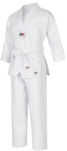 Taekwondo Anzug PX BUDO KIDS weißes V-Revers, Kinderanzug als Set (Schlupfjacke, Gummibund Hose, weißer Gürtel)