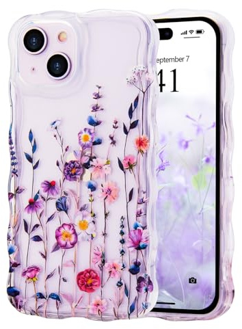Micoden for iPhone 15 Plus Case Clear with Flower Floral Anti-Yellowing | Cute Curly Wave Frame,Soft TPU Slim Bumper,Shockproof Anti-Scratch Protective Wavy Cover for Girls Women-Colorful