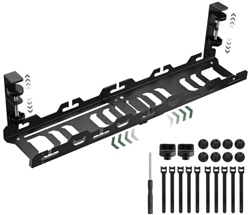 EYPINS Plateau de rangement de câbles sous le bureau sans perçage – Plateau de rangement de câbles rétractable de 40 à 74 cm pour bureau et maison, plateau de câbles sous le bureau avec 10 attaches