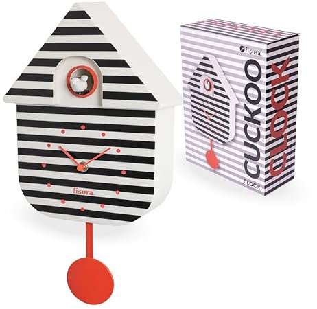 Fisura - Orologio a cucù a righe con quadrante rosso, orologio da parete originale bianco e nero, decorazione moderna e idea regalo. 3 pile AA non incluse. Dimensioni: 21,5x8x41,5 cm. Plastica ABS.