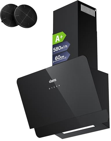 CIARRA CBCB6765C Hotte Aspirante Inclinée 60 cm Classe A+ 580 m³/h, Hotte Murale Tactile, 3 Vitesses, Recyclage & Évacuation, Design Noir Mat avec Filtre à Charbon CBCF055
