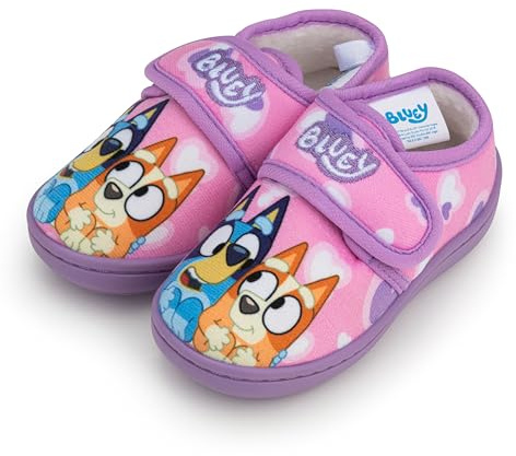 Bluey Girls Slippers – Pink Toddler & Kids Indoor House Shoes with Strap, Faux Fur Lining & Anti-Slip Sole – Kids Character Slippers UK Shoe Sizes 5–12 (11)