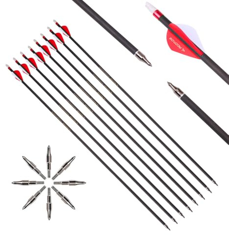 PHILOCS 6pcs 30-Pulgadas 350-Spine Flecha Punta Extraíble Flecha de Puntería Flecha de Caza 2 Pluma de Plástico Flechas de Carbono para Arco Largo Arco Recurvo Arco Compuesto Tiro con Arco Rojo