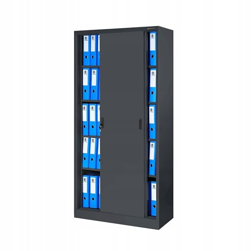 Jan Nowak Armadio per ufficio Archivio con Ante Scorrevoli Metallo 4 Ripiani Verniciatura a Polvere Bloccabile 185 cm x 90 cm x 40 cm (Antracite)