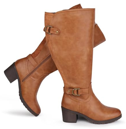 Chicblooms Stivali da equitazione da donna con gambale ampio e tacco alto al ginocchio, cerniera laterale e tacco a blocco, marrone chiaro, 38 EU