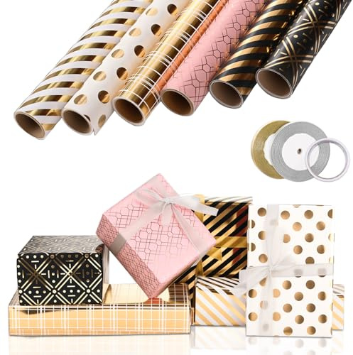 6 Rouleaux de Papier d'Emballage Cadeau, Papier Cadeau Anniversaire avec Rubans Adhésifs (3M x 43cm par Rouleau) - Impression Dorée pour Noël, Mariage, Fête, Naissance - Cadeaux pour Femme, Enfant (6)