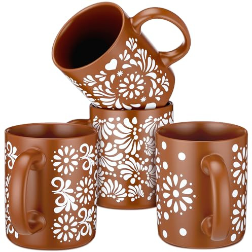 Acellegic 4 Pack Mexican Coffee Mugs Mexican Pottery Clay Mugs with Handles 13 oz Tazas De Barro for Hot and Cold Beverages Christmas Birthday Holiday Party Supplies for Women Men(Classic Style)