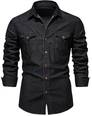 Aunribor Men's Denim Shirts Regular Fit Cotton Long Sleeve Button-Down Shirt with Pockets Casual Everyday Wear Classic Top Spring Fall Black