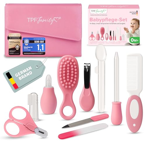 TPFFamily Set Cuidado Bebé – en rosa – Kit bebe recien nacido con tijeras, aspirador nasal y cepillo – Kit higiene bebe para rutina diaria y básicos de aseo para recién nacidos.